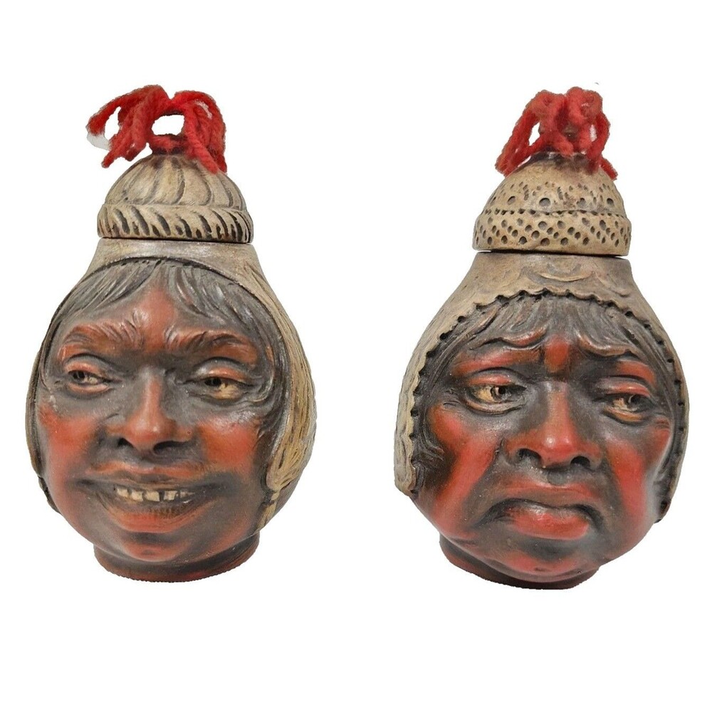 Antique Austrian Figural Tobacco Jar Humidor Pair Happy Sad Face Terracotta Set